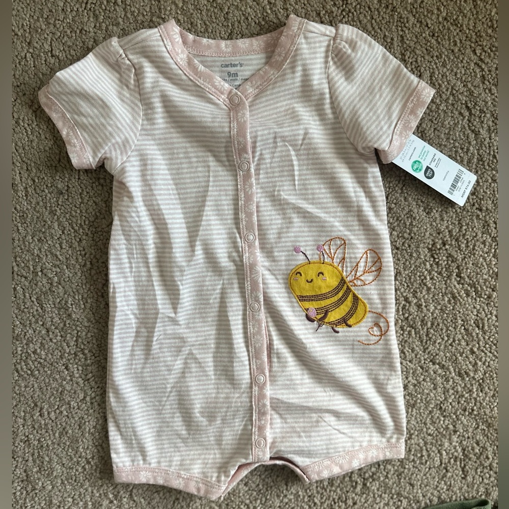 NWT Carters Baby Girl Stripe White Pink Bumblebee Short Sleeve Onesie Shorts